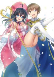 Rule 34 | 1boy, 1girl, ahoge, armor, armpits, ass, bare shoulders, black hair, blue cape, blush, bow, breasts, brown hair, cape, carrying, choker, confetti, crossed bangs, dress, feet out of frame, frilled choker, frills, hair bow, highres, hisasi, holding, holding staff, large breasts, large hat, long dress, long hair, looking at viewer, mage staff, netoge no yome wa onna no ko janai to omotta?, nishimura hideki, official art, open mouth, pink bow, pink choker, pink dress, pink headwear, princess carry, ribbon choker, second-party source, short hair, smile, staff, standing, strapless, strapless dress, tamaki ako, thighhighs, thighs, white thighhighs