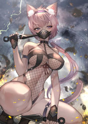 Rule 34 | 1girl, animal ear fluff, animal ears, black gloves, bodysuit, breasts, cat ears, cat girl, dagger, dual wielding, embers, fingerless gloves, fishnet bodysuit, fishnets, glint, gloves, hairband, highres, hitowa, holding, holding weapon, knife, kunai, large breasts, licking, licking lips, lightning, long hair, mask, mouth mask, navel, ninja, original, pink eyes, pink hair, pink hairband, revealing clothes, solo, squatting, tail, thighs, tongue, tongue out, weapon