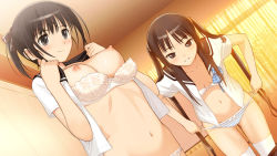 Rule 34 | 2girls, bra, breasts, brown hair, collarbone, curtains, dutch angle, highres, large breasts, long hair, looking at viewer, multiple girls, navel, nipples, panties, perky breasts, ponytail, room, smile, striped clothes, striped panties, thighhighs, twintails, underwear, white bra, white legwear, window