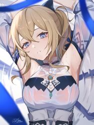 Rule 34 | 1girl, ark john up, armpits, arms up, bare shoulders, blonde hair, blue bow, blue eyes, bow, breasts, commentary request, detached sleeves, genshin impact, hair between eyes, hair bow, highres, jean (genshin impact), jean (sea breeze dandelion) (genshin impact), large breasts, long hair, long sleeves, looking at viewer, ponytail, solo, upper body