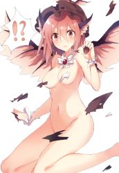Rule 34 | !?, 1girl, animal ears, blush, breasts, brooch, brown hat, convenient censoring, detached collar, gem, groin, hair between eyes, hat, highres, jewelry, kinona, kneeling, medium breasts, medium hair, mystia lorelei, navel, nude, pink wings, red eyes, red hair, short hair, simple background, solo, stomach, surprised, sweat, tareme, torn clothes, torn hat, touhou, white background, white neckwear, wings, wrist cuffs