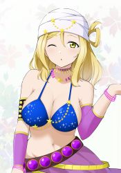 Rule 34 | 1girl, ;o, arabian clothes, armlet, barkhorn0331, belt, bikini, bikini top only, blonde hair, blue bikini, bracelet, breasts, brown belt, choker, cleavage, commentary request, cowboy shot, dancer, detached sleeves, floral background, hair rings, highres, jewelry, kokoro magic a to z, large breasts, looking at viewer, loose belt, love live!, love live! sunshine!!, medium hair, multicolored background, navel, necklace, ohara mari, one eye closed, open mouth, parted lips, purple skirt, purple sleeves, single bang, skirt, solo, swimsuit, turban, white headwear, yellow eyes