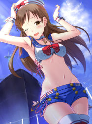 Rule 34 | 10s, 1girl, armpits, blush, boat, breasts, brown eyes, brown hair, choker, cleavage, dixie cup hat, emanon123, hat, highres, idolmaster, idolmaster cinderella girls, long hair, looking at viewer, medium breasts, midriff, military hat, navel, nitta minami, one eye closed, open mouth, sailor collar, shiny skin, short shorts, shorts, solo, stomach, thighhighs, watercraft, wink, wrist cuffs