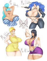 Rule 34 | 4girls, armpits, belly, black hair, blonde hair, blue eyes, blue hair, blush, breasts, cleavage, elbow, forehead, gloves, green eyes, hat, highres, huge breasts, lipstick, long hair, makeup, miss doublefinger, miss valentine, multiple girls, nefertari vivi, nico robin, one piece, open mouth, paula, paula (one piece), ponytail, smile, stomach, sunnysundown, sweat, tagme, thick thighs, thighs, wavy hair, white background