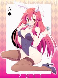 Rule 34 | 00s, 10s, 1girl, 2011, ace (playing card), ace of spades, animal ears, bare shoulders, blush, bow, bowtie, breasts, brown thighhighs, card, card (medium), cleavage, detached collar, fake animal ears, hair down, high heels, holding, holding card, legs, leotard, long hair, new year, pandaki (aki), pink bow, pink bowtie, playboy bunny, playing card, rabbit ears, rabbit tail, red hair, shoes, sideboob, solo, spade (shape), tail, tengen toppa gurren lagann, thighhighs, thighs, yellow eyes, yoko littner