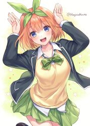 Rule 34 | 1girl, 2023, arms up, artist name, black jacket, blue eyes, blush, bow, bowtie, breasts, chinese zodiac, collar, collarbone, eyelashes, fingernails, flower, go-toubun no hanayome, green background, green bow, green bowtie, green hairband, green skirt, hagino kouta, hair between eyes, hairband, highres, jacket, large breasts, looking at viewer, medium hair, miniskirt, nakano yotsuba, open mouth, orange hair, pinstripe bow, plaid, plaid bow, pleated skirt, rabbit pose, round teeth, school uniform, shirt, simple background, skirt, solo, standing, sweater, teeth, twitter username, upper body, upper teeth only, white background, white collar, white shirt, year of the rabbit, yellow sweater