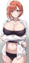Rule 34 | 1girl, ahoge, arisugawa natsuha, black eyes, black tube top, blush, breasts, cleavage, collarbone, crossed arms, earrings, highres, idolmaster, idolmaster shiny colors, jewelry, large breasts, light smile, long sleeves, looking at viewer, nail polish, navel, open clothes, open shirt, orange hair, ring, see-through, shirt, short hair, simple background, solo, stomach, strapless, sweat, swept bangs, thighs, tube top, urabi (tomatohouse), white shirt