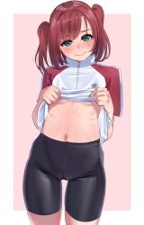 Rule 34 | 1girl, bike shorts, blush, border, breasts, cameltoe, closed mouth, clothes lift, cowboy shot, embarrassed, green eyes, head tilt, highres, igarashi kyouhei, kurosawa ruby, lifting own clothes, looking at viewer, love live!, love live! sunshine!!, medium hair, pink background, ribs, shirt lift, short sleeves, simple background, skinny, small breasts, solo, twintails, white border