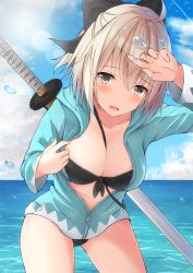 Rule 34 | 1girl, :d, arm up, bikini, black bikini, blue jacket, blue sky, blush, breasts, brown eyes, cleavage, cloud, commentary request, cowboy shot, day, fate/grand order, fate (series), fingernails, hair between eyes, highres, horizon, jacket, katana, koha-ace, large breasts, leaning forward, light brown hair, looking at viewer, ocean, okita souji (fate), okita souji (koha-ace), open mouth, outdoors, partially unzipped, sheath, sheathed, short hair, sky, smile, solo, swimsuit, sword, water, water drop, weapon, weapon on back, yuzuzukushi
