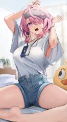 Rule 34 | 1girl, absurdres, aoi 13, arms up, barefoot, blue shorts, blush, breasts, cassette tape, commentary request, day, eye mask, hair ornament, hair over one eye, highres, large breasts, looking at viewer, medium hair, one eye closed, open mouth, pink hair, purple eyes, shirt, shirt tucked in, short shorts, short sleeves, shorts, sitting, solo, taoqi (wuthering waves), teeth, thighs, upper teeth only, white shirt, wuthering waves