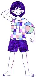 Rule 34 | 1boy, arm behind head, ball, bare arms, barefoot, beachball, blush, checkered clothes, checkered shirt, closed eyes, collarbone, colored skin, full body, grin, hair behind ear, hair between eyes, kel (headspace) (omori), kel (omori), official art, omocat, omori, purple hair, purple shorts, shirt, short hair, shorts, sleeveless, smile, solo, standing, tank top, transparent background, v-shaped eyebrows, white skin