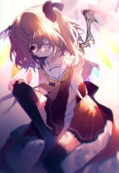 Rule 34 | 1girl, adapted costume, alternate wings, bandage over one eye, bandaged arm, bandages, black thighhighs, blonde hair, bow, crystal, expressionless, flandre scarlet, hair bow, hand on own knee, head tilt, knee up, lace, lace-trimmed skirt, lace trim, long bangs, looking at viewer, mary janes, medium hair, neckerchief, no headwear, one side up, pleated skirt, red bow, red eyes, red shirt, red skirt, sailor collar, shirt, shoes, sitting, skirt, sleeveless, sleeveless shirt, solo, thighhighs, touhou, touya (konpekitou), wings, yellow neckerchief, zettai ryouiki