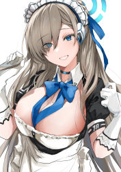Rule 34 | 1girl, asuna (blue archive), bad id, bad pixiv id, between breasts, blue archive, blue bow, blue bowtie, blue eyes, blue ribbon, bow, bowtie, breasts, brown hair, cleavage, commentary request, eyes visible through hair, frills, gloves, grin, hair over one eye, hair ribbon, halo, hasetsu (hasss0113), highres, large breasts, long hair, looking at viewer, maid, maid headdress, mole, mole on breast, puffy sleeves, ribbon, short sleeves, sidelocks, simple background, smile, solo, teeth, upper body, white background, white gloves