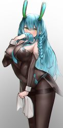 Rule 34 | 1girl, absurdres, animal ears, azur lane, bad id, bad pixiv id, black leotard, blue hair, bodystocking, boise (azur lane), boise (sheepish sapphire) (azur lane), braid, breasts, catumi (ta938 ka23), covering own mouth, detached sleeves, fake animal ears, grey background, hair between eyes, highres, holding, holding own hair, large breasts, leotard, light blue hair, long hair, looking at viewer, mechanical ears, official alternate costume, oversized breast cup, pantyhose, playboy bunny, rabbit ears, simple background, skin tight, solo, strapless, strapless leotard, thighband pantyhose