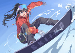 Rule 34 | 1girl, :d, absurdres, airborne, black hair, black pants, blue eyes, blue sky, from below, gloves, goggles, goggles on head, grey gloves, highres, hood, hoodie, long hair, long sleeves, nixinyue1105, open mouth, original, pants, ponytail, red hoodie, shirt, simple background, ski goggles, sky, smile, snow, snowboard, snowboarding, solo, squatting, teeth, upper teeth only, white shirt