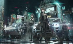 Rule 34 | 2girls, 4boys, armored personnel carrier, armored vehicle, black eyes, black hair, black neckwear, black pants, breasts, car, city, collared shirt, english text, floating hair, grey shirt, gun, hair behind ear, head tilt, holding, holding gun, holding lance, holding polearm, holding weapon, lance, land rover, long hair, looking at viewer, medium breasts, motor vehicle, multiple boys, multiple girls, necktie, original, pants, polearm, police, rain, shirt, short hair, sports utility vehicle, swat, swav, turret, urban, vehicle focus, weapon