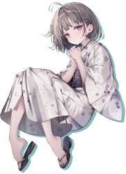 Rule 34 | 1girl, ahoge, black footwear, blunt bangs, bob cut, braid, closed mouth, commentary request, enomoto nao, eyelashes, feet, flip-flops, floral print, full body, grey hair, grey kimono, hands up, invisible chair, japanese clothes, kimono, knees together feet apart, looking at viewer, medium hair, obi, obijime, original, own hands together, purple eyes, purple sash, sandals, sash, shadow, shoe dangle, sidelocks, simple background, sitting, smile, toenails, toes, white background, wide sleeves, yukata
