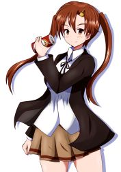 Rule 34 | 1girl, bellwall school uniform, black jacket, black ribbon, breasts, brown skirt, can, collared shirt, commentary request, drink can, girls und panzer, girls und panzer little army, hair ornament, highres, holding, holding can, jacket, long hair, meiya, miniskirt, nakasuga emi, red hair, ribbon, school uniform, shirt, skirt, soda can, twintails