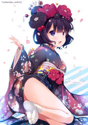 Rule 34 | 1girl, ass, black kimono, breasts, commentary request, diagonal stripes, fate/grand order, fate (series), floral print, flower, hair between eyes, hair ornament, highres, japanese clothes, katsushika hokusai (fate), kimono, ko yu, long sleeves, no shoes, obi, open mouth, print kimono, purple eyes, purple hair, red flower, sash, small breasts, socks, soles, solo, striped, tabi, twitter username, white background, white socks, wide sleeves