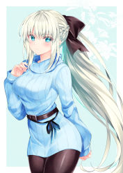 Rule 34 | 1girl, black bow, blue eyes, blue sweater, bow, braid, breasts, brown pantyhose, closed mouth, commentary request, cowboy shot, dress, fate/grand order, fate (series), grey hair, hair between eyes, hair bow, hand up, highres, long hair, long sleeves, looking at viewer, medium breasts, morgan le fay (fate), nogi takayoshi, pantyhose, ponytail, sleeves past wrists, solo, sweater, sweater dress, turtleneck, turtleneck sweater, very long hair