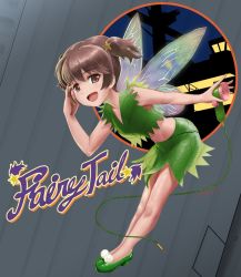 Rule 34 | 10s, 1girl, abazu-red, alisa (girls und panzer), bent over, brown eyes, brown hair, commentary request, cursive, english text, fairy, fairy wings, freckles, full body, girls und panzer, green footwear, green shirt, green skirt, hair ornament, headphones, high heels, leaf, leaning forward, looking at viewer, microphone, miniskirt, open mouth, shirt, short hair, short twintails, skirt, sleeveless, sleeveless shirt, smile, standing, star (symbol), star hair ornament, twintails, wings