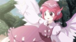 Rule 34 | 1girl, animal ears, animated, animated gif, blush, blush stickers, female focus, flying, hat, lowres, mystia lorelei, non-web source, official style, parody, pink hair, red eyes, solo, style parody, touhou, touhou anime project, tree, wings, zun (style)