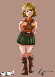 Rule 34 | 1girl, absurdres, argyle, artist name, ashley graham, bare legs, bare shoulders, belt, blonde hair, breasts, full body, highres, large breasts, lips, looking to the side, pummies!, resident evil, resident evil 4, shiny skin, short hair, skirt, sleeveless, sleeveless sweater, smile, sweater, thick thighs, thighs, tied sweater, yellow eyes