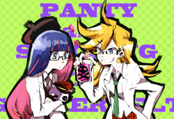 Rule 34 | 10s, 2girls, bad id, bad pixiv id, beret, blonde hair, blue eyes, glasses, grin, hat, lab coat, long hair, multicolored hair, multiple girls, necktie, panty &amp; stocking with garterbelt, panty (psg), shinoasa, siblings, sisters, skull and crossbones, smile, stocking (psg), stuffed toy, two-tone hair