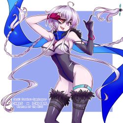 Rule 34 | 1girl, ahoge, asymmetrical gloves, axia-chan, bare hips, black gloves, black leotard, black thighhighs, bracelet, breasts, character name, cleavage, copyright name, cosplay request, elbow gloves, eyepatch, fingerless gloves, floating hair, gloves, grey hair, highleg, highleg leotard, highres, jewelry, large breasts, leotard, long hair, looking at viewer, outline, phantom of the kill, purple eyes, red gloves, senki zesshou symphogear, shiny clothes, shiny legwear, shiny skin, solo, strapless, strapless leotard, thigh strap, thighhighs, tongue, tongue out, very long hair, yukine chris