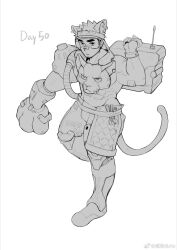 Rule 34 | 1boy, abs, animal ears, bandaid, bandaid on face, bandaid on nose, bara, biceps, bulge, cat boy, cat ears, cat tail, facial hair, full body, goatee stubble, goggles, greyscale, highres, huge eyebrows, large hands, looking at viewer, mature male, mechanic, mechanical legs, monochrome, original, pectorals, short hair, shorts, sideburns stubble, sidepec, solo, stubble, tail, thick eyebrows, walking, wrench, xian goutou hz