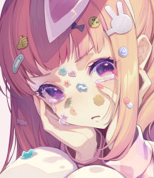 Rule 34 | 1girl, animal ears, blush, crying, crying with eyes open, denonbu, emoji, hair ornament, hands on own face, long sleeves, looking at viewer, orange hair, pleading face emoji, ponchan ponc, purple eyes, rabbit ears, sakurano mimito, solo, sticker, sticker on face, tears