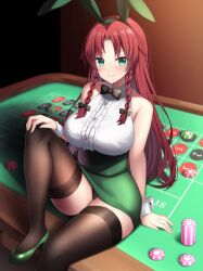 Rule 34 | 1girl, animal ears, black thighhighs, blush, braid, breasts, buttons, closed mouth, fake animal ears, green eyes, green footwear, highres, hong meiling, indoors, large breasts, long hair, poker chip, rabbit ears, red hair, roulette table, ruhika, shoes, sitting, smile, solo, table, thighhighs, touhou, twin braids, wrist cuffs