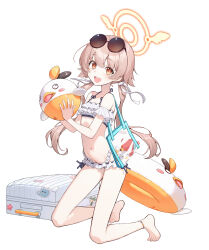 Rule 34 | 1girl, absurdres, ball, bare legs, bare shoulders, barefoot, beachball, bikini, blue archive, blush, eyewear on head, frilled bikini, frills, goeleu, halo, hifumi (blue archive), hifumi (swimsuit) (blue archive), highres, innertube, light brown hair, long hair, looking at viewer, low twintails, official alternate costume, open mouth, peroro (blue archive), round eyewear, simple background, smile, solo, suitcase, sunglasses, swim ring, swimsuit, twintails, white background, white bikini, yellow eyes, yellow halo