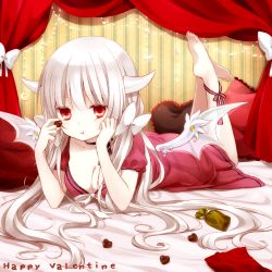 Rule 34 | 1girl, :t, barefoot, bed, bow, breasts, candy, chocolate, chocolate heart, choker, cleavage, dress, feet, food, gift, hair bow, happy valentine, heart, horns, kuu (0427), legs up, long hair, looking at viewer, lying, on bed, on stomach, original, pillow, red eyes, ribbon, solo, toes, valentine, white hair, wings