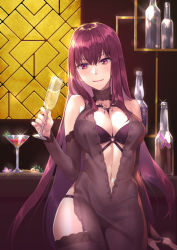 Rule 34 | 1girl, bare shoulders, blush, breasts, center opening, closed mouth, collarbone, cup, dress, drinking glass, fate/grand order, fate (series), hair between eyes, hair intakes, large breasts, long hair, looking at viewer, navel, onigiri-kun (demmy), purple dress, purple hair, red eyes, scathach (fate), smile, solo, wine glass