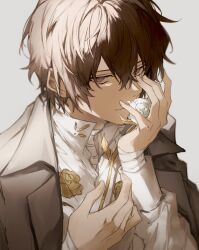 Rule 34 | 1boy, bad id, bad twitter id, bandaged arm, bandaged neck, bandages, brown eyes, brown hair, bungou stray dogs, closed mouth, coat, collared shirt, dazai osamu (bungou stray dogs), flower, grey background, hair between eyes, highres, holding, holding flower, long sleeves, looking at viewer, nozz177, open clothes, open coat, rose, shirt, smile, white flower, white rose, white shirt