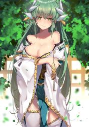 Rule 34 | 1girl, absurdres, aqua hair, aqua kimono, blush, breasts, cleavage, collarbone, dragon girl, dragon horns, eyebrows hidden by hair, fate/grand order, fate (series), heart, heart-shaped pupils, highres, horns, japanese clothes, kimono, kiyohime (fate), large breasts, long hair, looking at viewer, lucky (1045044604), obi, off shoulder, pelvic curtain, sash, smile, solo, standing, symbol-shaped pupils, thighhighs, white thighhighs, yellow eyes