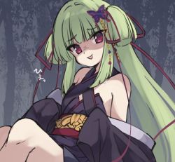 Rule 34 | 1girl, bare shoulders, black kimono, butterfly hair ornament, commentary request, feet out of frame, green hair, hair ornament, hair ribbon, japanese clothes, kimono, knees up, long hair, long sleeves, looking at viewer, murasame (senren), natsuki teru, red eyes, red ribbon, ribbon, senren banka, shaded face, sitting, sleeves past fingers, sleeves past wrists, smile, solo, tree, two side up, very long hair