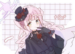 Rule 34 | 1girl, black bow, black choker, black dress, black gloves, black hat, blue archive, blush, bow, choker, closed mouth, dress, gloves, halo, hat, long hair, long sleeves, looking at viewer, mika (blue archive), pink hair, pink halo, rco as, smile, solo, top hat, upper body, yellow eyes