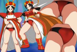Rule 34 | 1girl, annin (dragon ball), antlers, ass, black eyes, black hair, boots, dragon ball, dragon ball (classic), earrings, female focus, from below, full body, gluteal fold, groin, hazama null, highres, horns, jewelry, legs, lifting own clothes, long hair, looking at viewer, multiple views, navel, panties, pantyshot, presenting, serious, shoulder pads, simple background, skirt, smile, solo, spread legs, standing, stud earrings, thighs, underwear, upskirt, v-shaped eyebrows