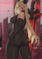 Rule 34 | 1girl, absurdres, ass, bare shoulders, black bodysuit, black gloves, blonde hair, bodysuit, breasts, elbow gloves, fate/grand order, fate (series), from behind, gloves, highres, horns, kakeku, large breasts, long hair, looking at viewer, looking back, nero claudius (fate), nero claudius (fate) (all), parted lips, pointy ears, queen draco (fate), queen draco (third ascension) (fate), red eyes, smile, thighs, weapon