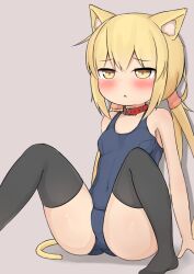 Rule 34 | 1girl, animal collar, animal ear fluff, animal ears, arm support, arms at sides, bare arms, bare shoulders, black thighhighs, blonde hair, blush, breasts, cat ears, cat tail, collar, collarbone, covered navel, embarrassed, foot out of frame, furrowed brow, grey background, hair between eyes, kantai collection, kemonomimi mode, knees up, leaning back, legs, legs apart, long hair, looking away, nepty (silkey vod), no shoes, on ground, open mouth, red collar, satsuki (kancolle), school swimsuit, shadow, sidelocks, simple background, sitting, small breasts, solo, swimsuit, tail, tearing up, thighhighs, thighs, twintails, yellow eyes