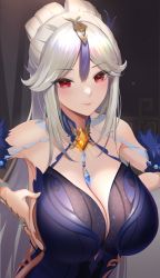 Rule 34 | 1girl, bare shoulders, blue dress, blush, breasts, cleavage, dress, genshin impact, hair ornament, highres, large breasts, long hair, looking at viewer, nanam (nanam sk), ningguang (genshin impact), ningguang (orchid&#039;s evening gown) (genshin impact), official alternate costume, parted bangs, red eyes, upper body, white hair