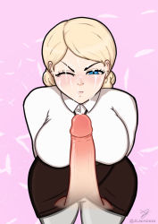 Rule 34 | arms behind back, blonde hair, blue eyes, blush, breasts, closed mouth, cum, erection, facial, jewelry, jlacroixxx, krista lenz, large breasts, medium hair, necklace, one eye closed, penis, pink background, shingeki no kyojin, simple background, standing, thighs