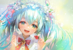Rule 34 | 1girl, 888myrrh888, :d, blue eyes, blue hair, blush, bow, collared shirt, commentary request, dress shirt, flower, food, fruit, hair between eyes, hands up, hatsune miku, highres, holding, holding food, long hair, looking at viewer, open mouth, red bow, ribbon-trimmed sleeves, ribbon trim, shirt, smile, solo, strawberry, strawberry miku (morikura), teeth, treble clef, upper body, upper teeth only, vocaloid, white flower, white shirt