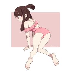 Rule 34 | 1girl, absurdres, all fours, arikindows10, ass, barefoot, bent over, bikini, brown hair, commission, from behind, highres, kagari atsuko, little witch academia, long hair, looking at viewer, pink bikini, pixiv commission, puffy cheeks, red eyes, short ponytail, single sidelock, solo, swimsuit