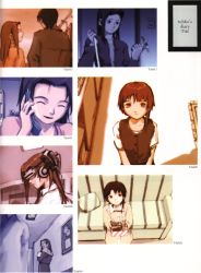 Rule 34 | 1990s (style), 1boy, 3girls, abe yoshitoshi, absurdres, artbook, brown eyes, brown hair, couch, closed eyes, from above, from below, head-mounted display, highres, indoors, iwakura lain, key, multiple girls, multiple views, bento, official art, outdoors, pajamas, phone, scan, serial experiments lain, short hair, sitting, smile, standing, yonera touko