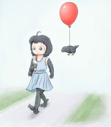 Rule 34 | 1girl, aged down, ahoge, balloon, bird, bird legs, black eyes, black feathers, black hair, blue dress, churro, crow, crowanon, crowgirl, drawfag, dress, feathered wings, feathers, food, harpy, holding, messy hair, monster girl, original, outdoors, red balloon, solo, talons, walking, winged arms, wings