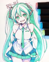Rule 34 | 1girl, :d, art tools in frame, bare shoulders, blue skirt, blue sleeves, blush, breasts, collared shirt, commentary request, cowboy shot, detached sleeves, green eyes, green hair, grey background, hair ornament, hatsune miku, head tilt, headset, highres, long hair, long sleeves, marker (medium), medium breasts, open mouth, photo (medium), pleated skirt, shirt, skirt, sleeveless, sleeveless shirt, smile, sofra, solo, teeth, traditional media, translation request, twintails, upper teeth only, very long hair, vocaloid, white shirt
