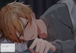 Rule 34 | 1boy, blanket, blonde hair, dated, grey shirt, highres, long sleeves, male focus, momiji 11 12, multicolored hair, open mouth, orange hair, pillow, project sekai, shinonome akito, shirt, solo, tears, timestamp, translation request